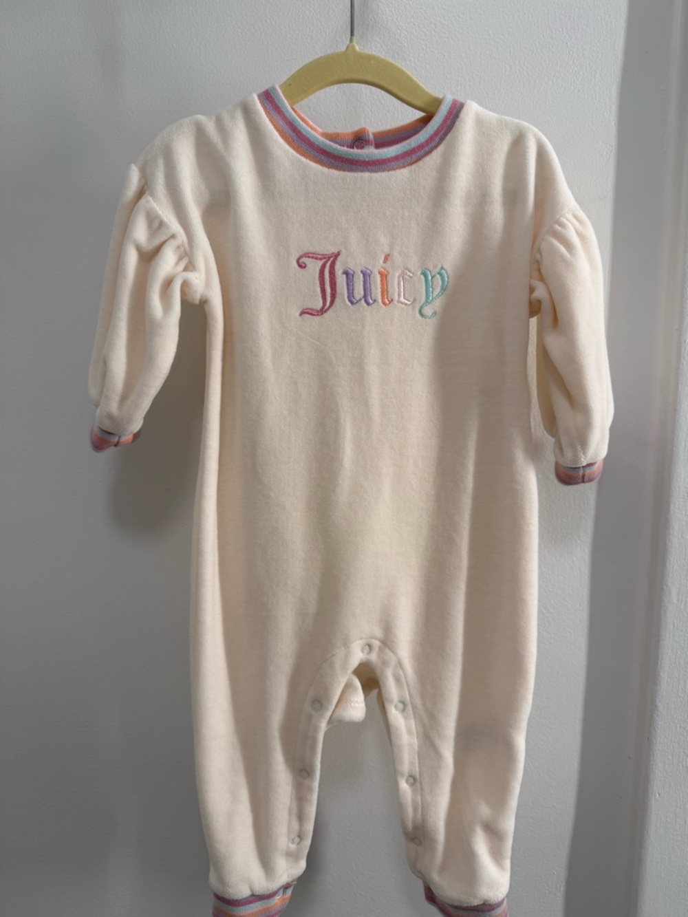 Juicy Couture Velour Baby Girl Bodysuit with Pastel Rainbow Trim (12M)